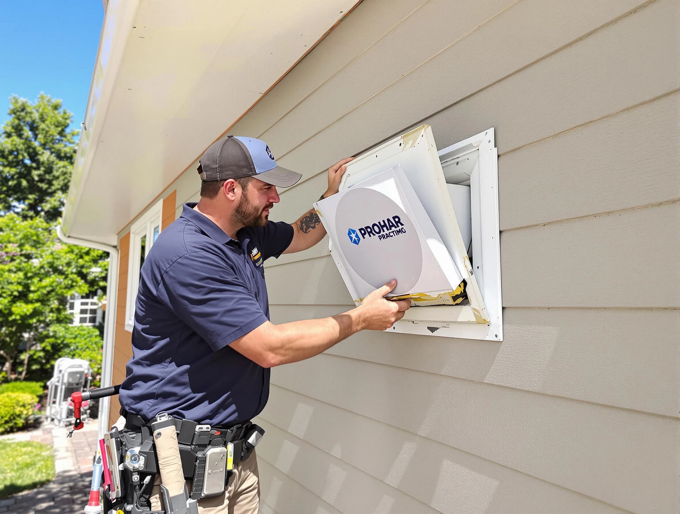 Sylacauga Dryer Vent Cleaning technician installing a new protective dryer vent cover on a home in Sylacauga