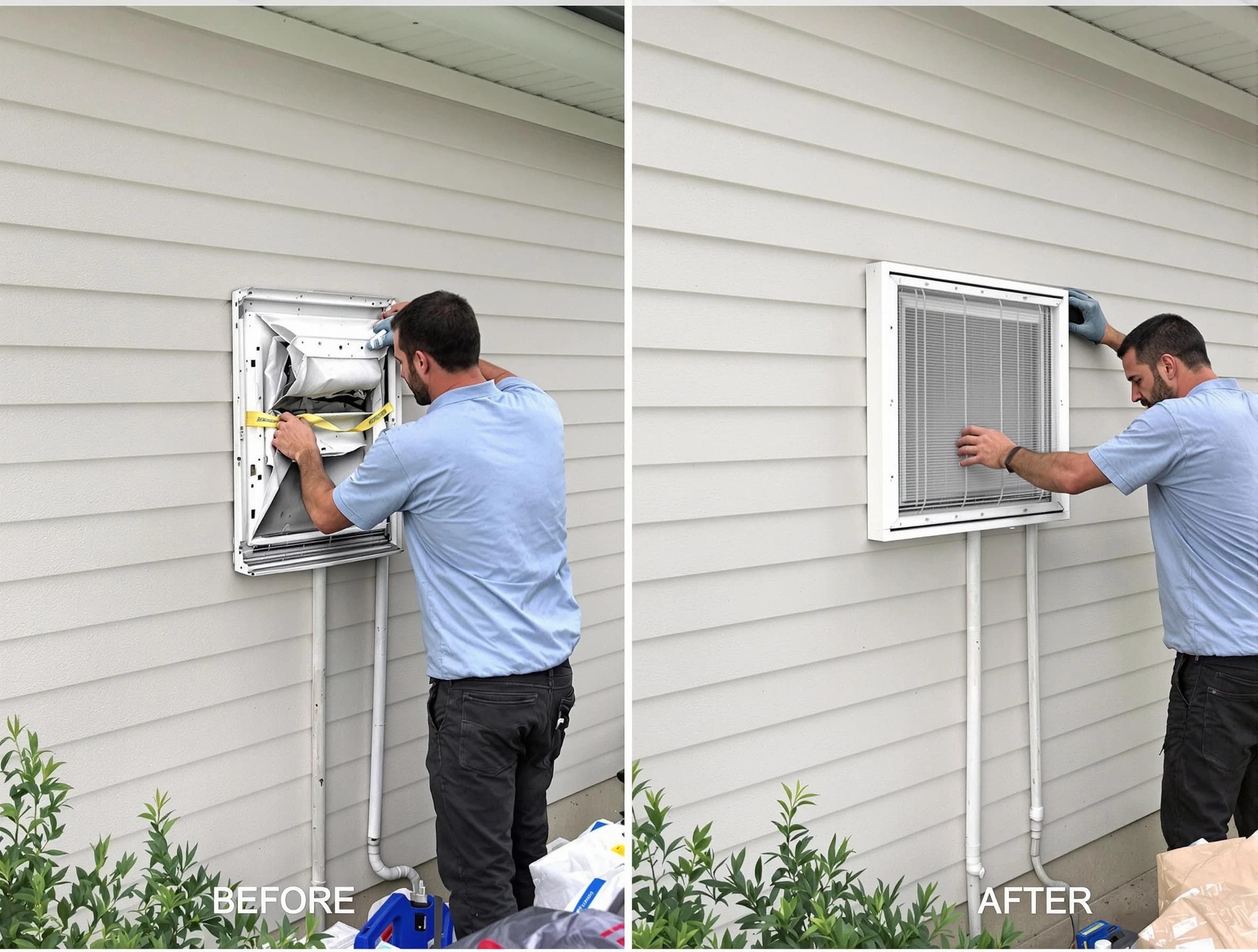Sylacauga Dryer Vent Cleaning technician installing high-quality dryer vent cover at a residential property in Sylacauga