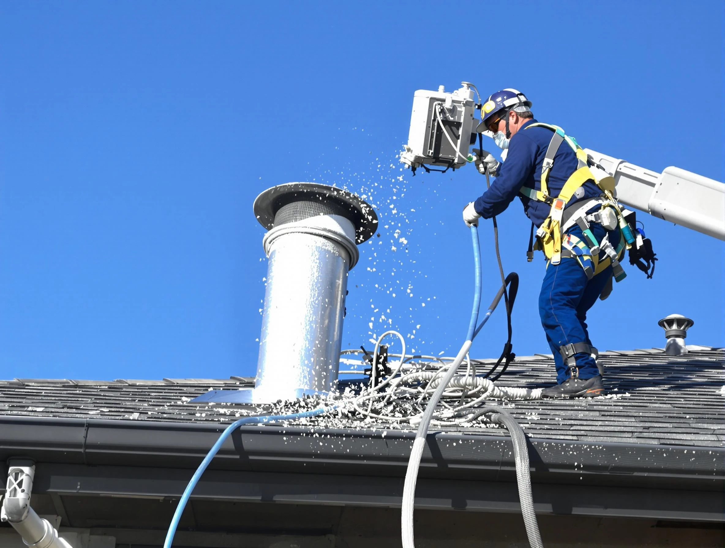 Sylacauga Dryer Vent Cleaning certified technician safely cleaning a roof-mounted dryer vent in Sylacauga